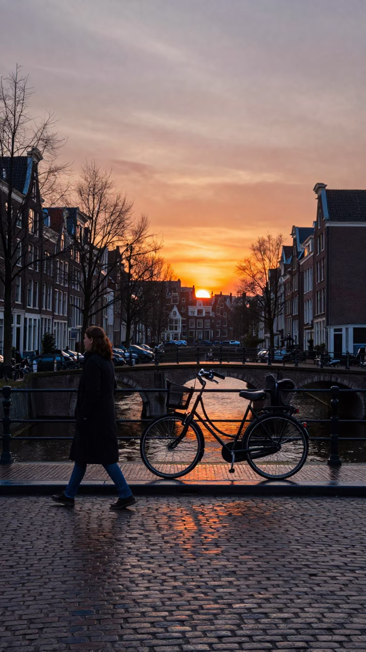 Amsterdam Dusk Street Scene with Bicycle and Canal Bridge in in Amsterdam, Netherlands