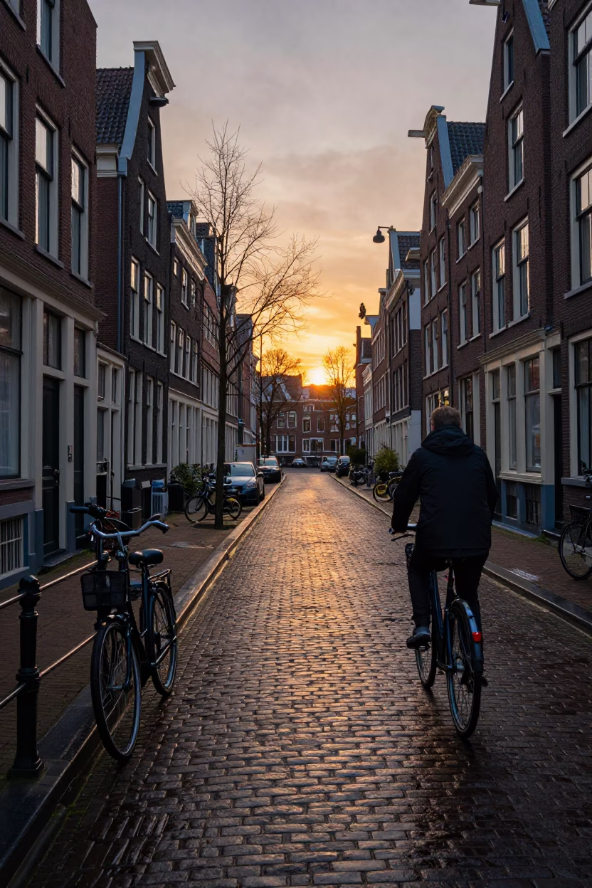 Amsterdam Dusk Street Scene with Bicycle and Cobblestones in in Amsterdam, Netherlands