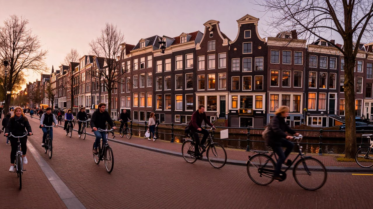Amsterdam Dusk Street Scene with Cyclists and Canal House Architecture in in Amsterdam, Netherlands