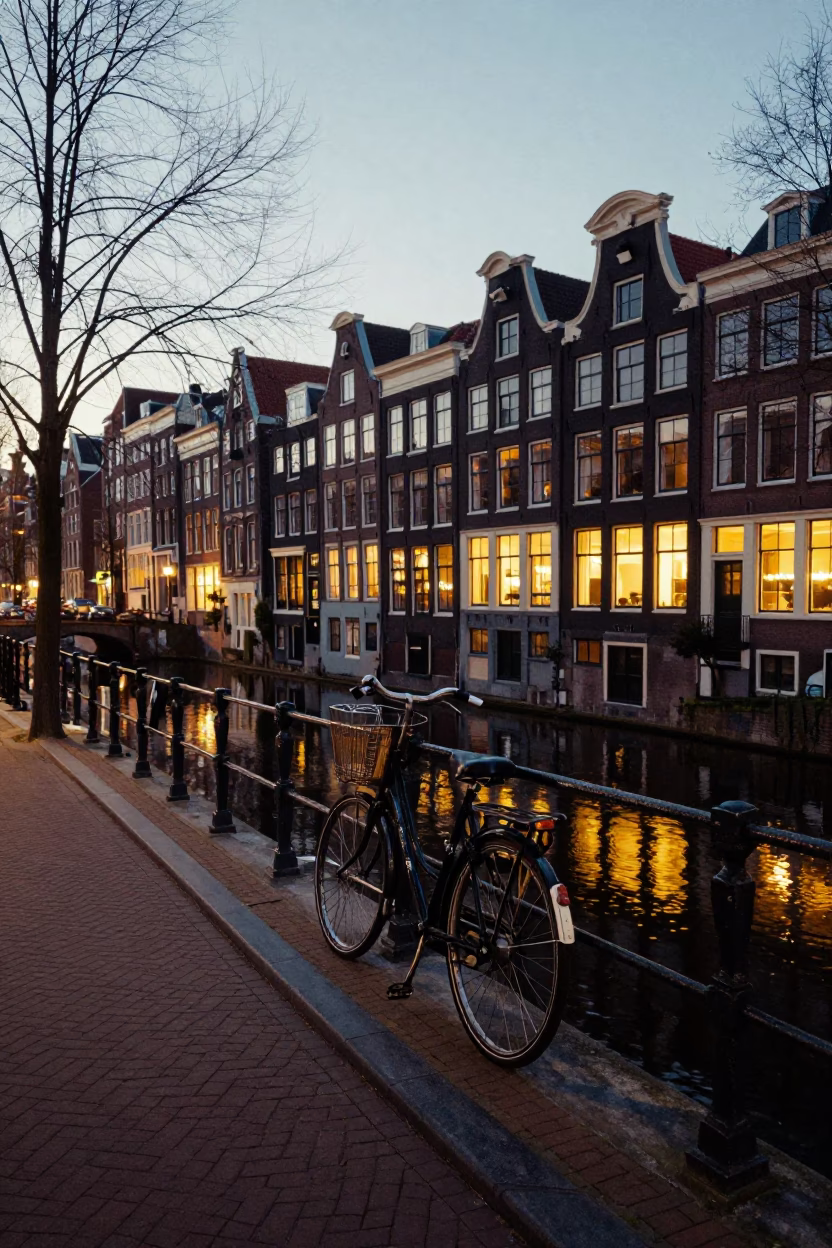 Amsterdam Early Evening Street Scene with Bicycle and Canal Reflections in Netherlands in in Amsterdam, Netherlands