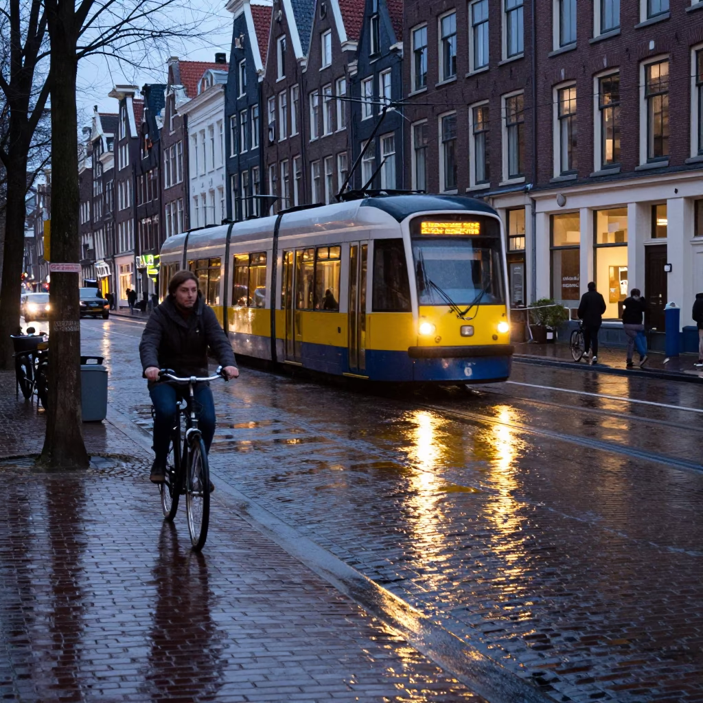 Amsterdam Early Evening Street Scene With Cobblestones And Tram Reflection in in Amsterdam, Netherlands