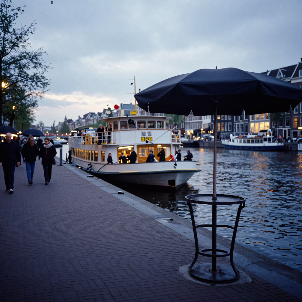 Amsterdam Early Evening Street Scene with Ferry and Umbrella Stand in in Amsterdam, Netherlands