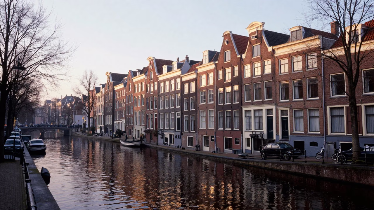 Amsterdam Early Morning Canal Scene with Traditional Dutch Architecture and Cobblestone Streets in in Amsterdam, Netherlands
