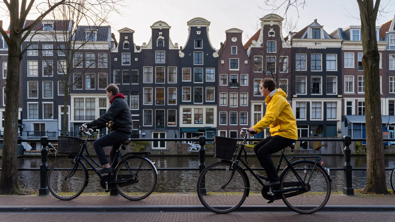 Amsterdam Early Morning Canal Street Life with Bicycle and Cobblestones in in Amsterdam, Netherlands