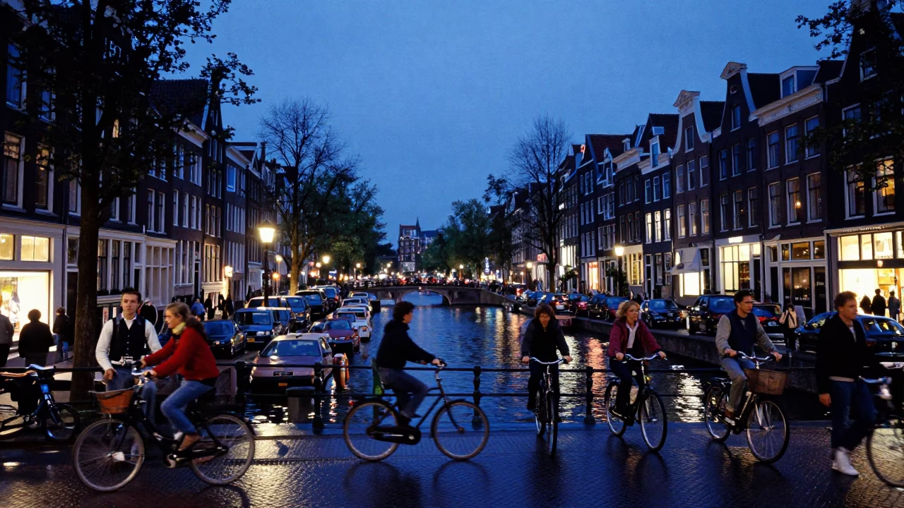 Amsterdam Evening Blue Hour Busy Canal Street Scene with Cobblestones and Bicycles in in Amsterdam, Netherlands