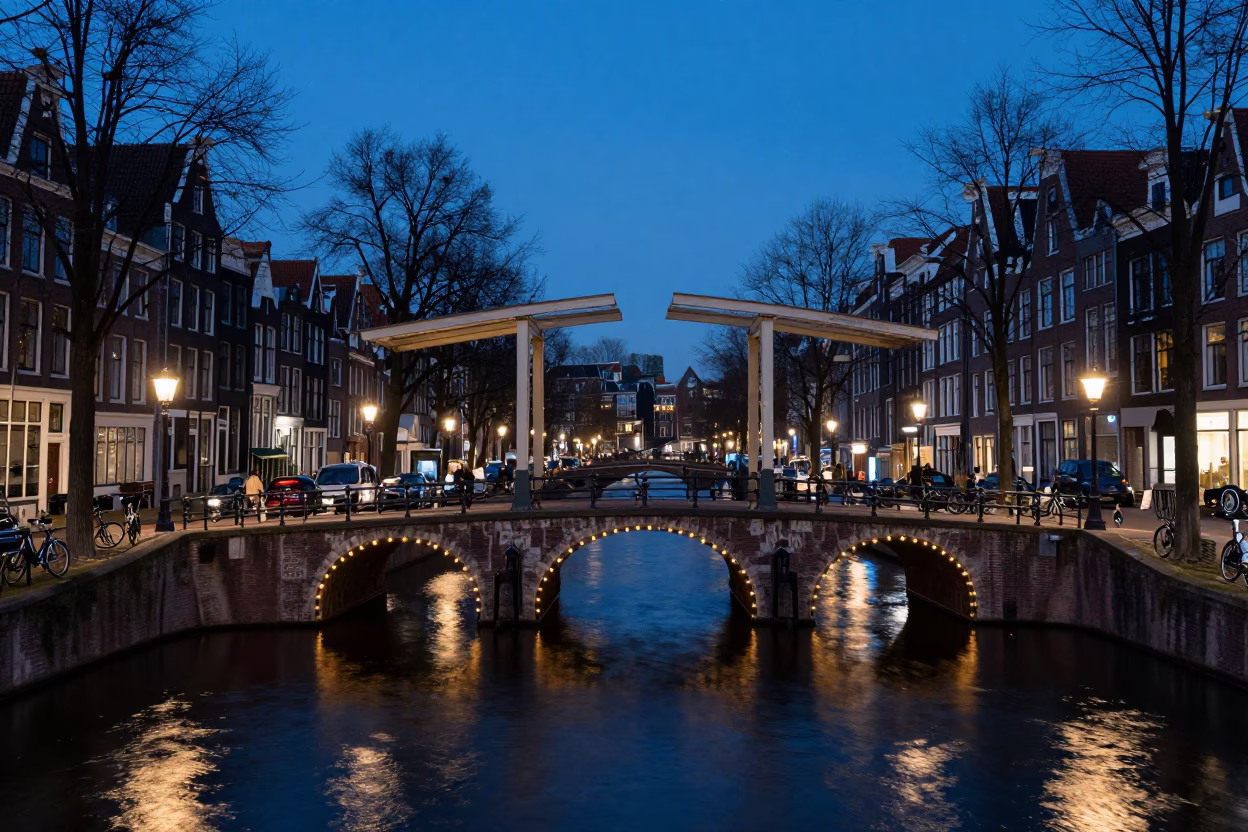 Amsterdam Evening Blue Hour Canal Bridge and Bicycle Life in in Amsterdam, Netherlands