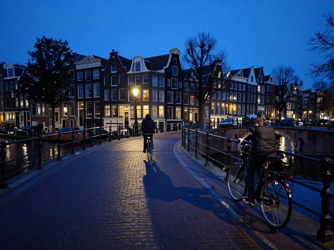 Amsterdam Evening Blue Hour Canal Bridge Cycling Path With Notebook and Lemons in in Amsterdam, Netherlands