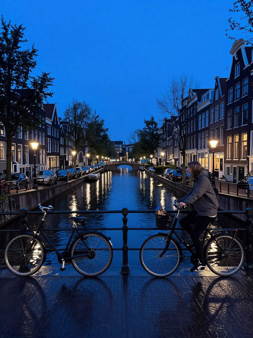Amsterdam Evening Blue Hour Canal Scene with Bicycle and Wet Cobblestones in in Amsterdam, Netherlands