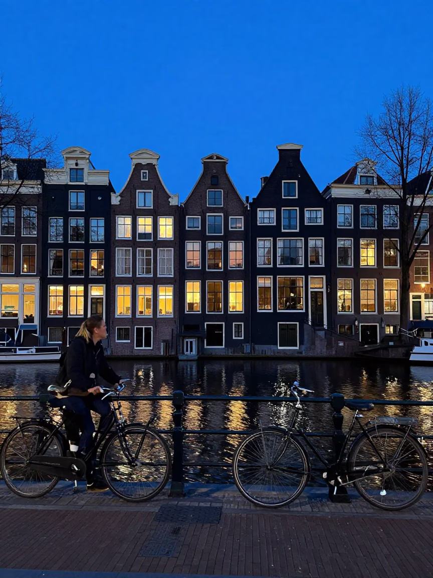Amsterdam Evening Blue Hour Canal Scene with Traditional House Facades in in Amsterdam, Netherlands