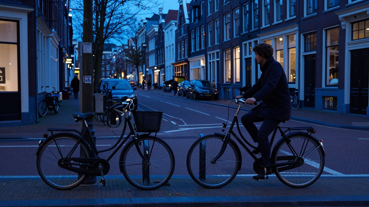 Amsterdam Evening Blue Hour Street Scene with Bicycle and Canal Reflections in in Amsterdam, Netherlands