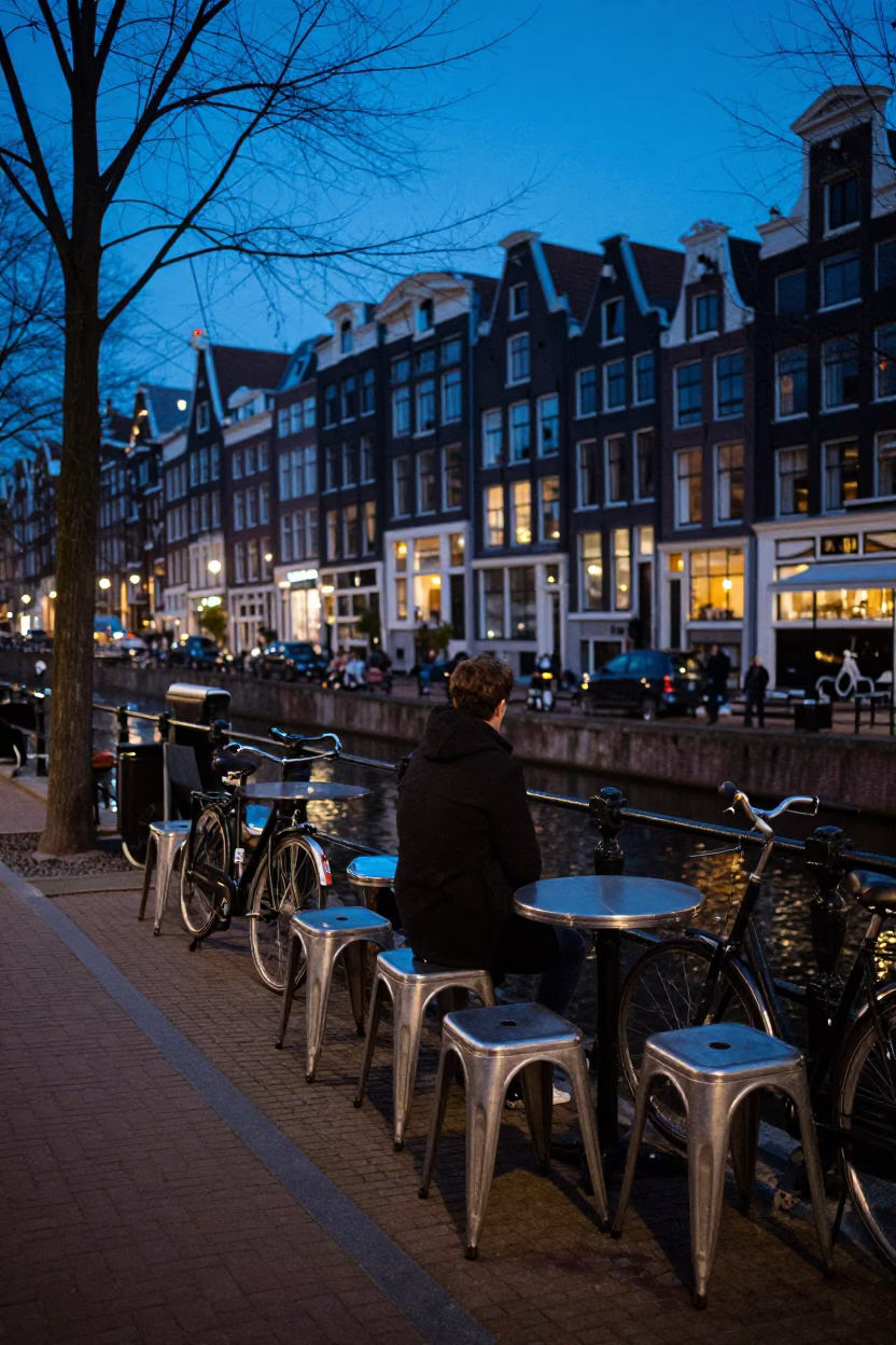 Amsterdam Evening Blue Hour Street Scene with Metal Stools and Urban Architecture in in Amsterdam, Netherlands
