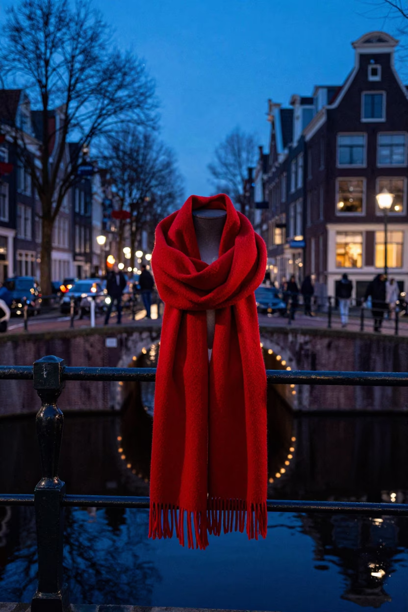 Amsterdam Evening Blue Hour Wool Scarves and Canal Reflections High Fashion in in Amsterdam, Netherlands