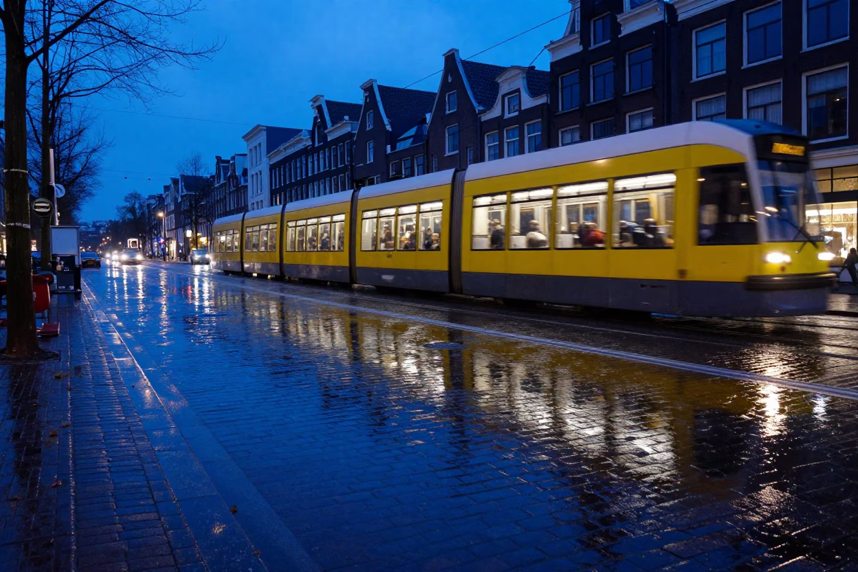 Amsterdam Evening Blue Light Rain Reflections Cobblestones Tram Car in in Amsterdam, Netherlands