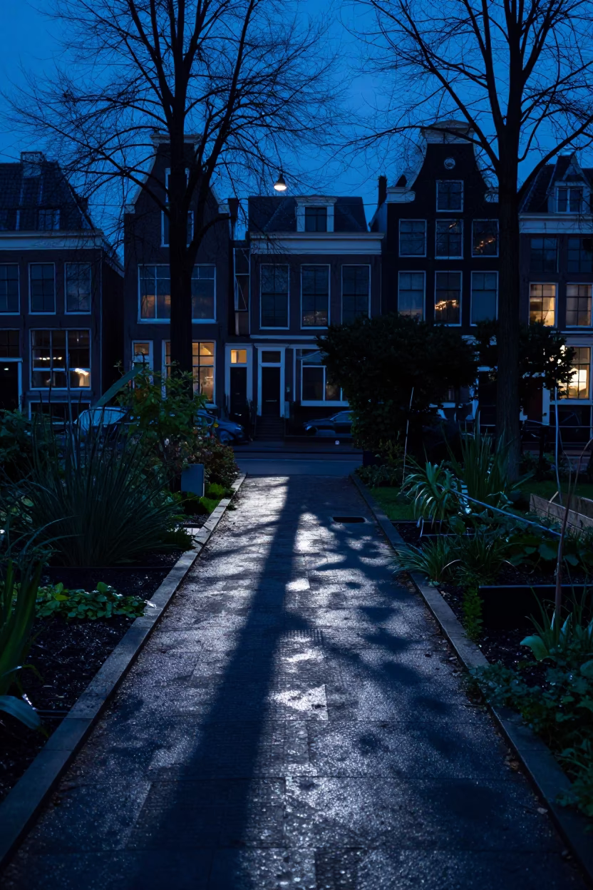 Amsterdam Evening Blue Light Viaduct Shadow Over Allotment Gardens and Wet Pavement in in Amsterdam, Netherlands