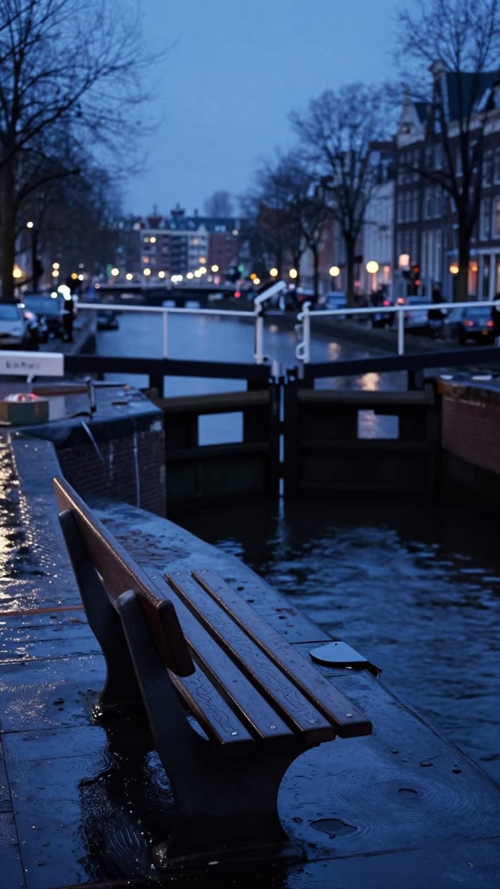 Amsterdam Evening Canal Lock and Bench with Wood Fired Pizza Vendor in in Amsterdam, Netherlands