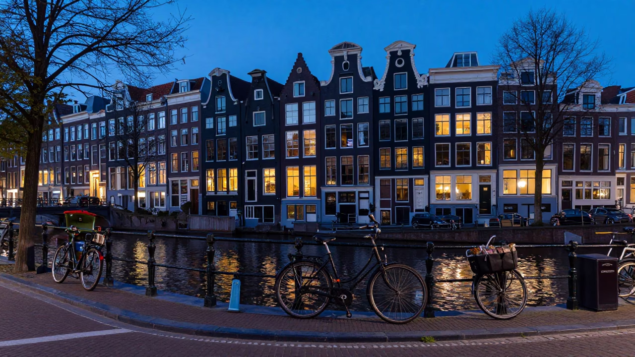 Amsterdam Evening Canal Scene with Bicycle and Cobblestone Street in Blue Hour in in Amsterdam, Netherlands