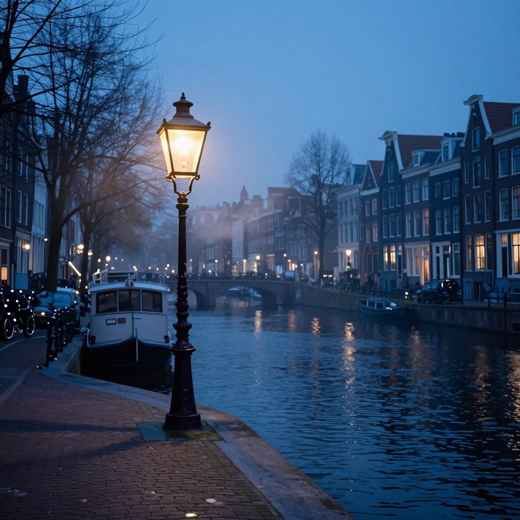 Amsterdam Evening Canal Scene with Steam Haze Above Lamp Base and Condensation on Glass in in Amsterdam, Netherlands