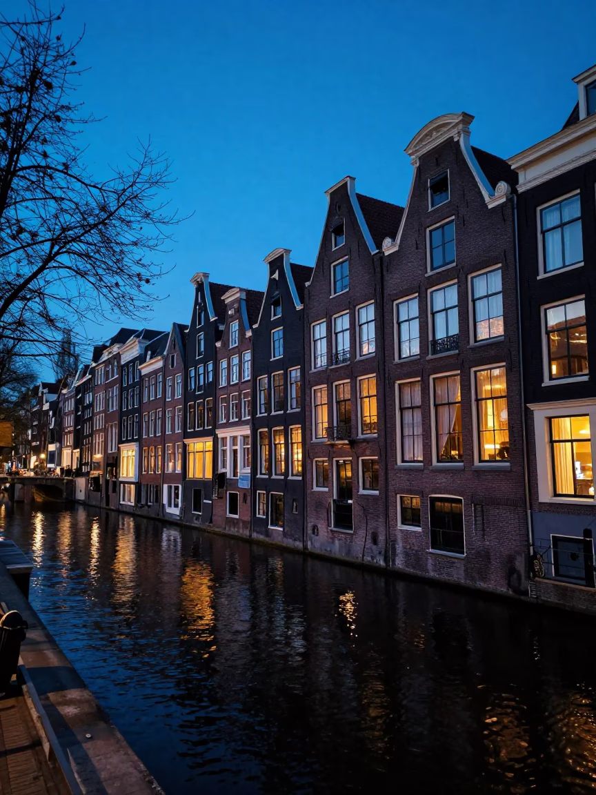 Amsterdam Evening Canal Scene with Traditional Brick Architecture and Blue Hour Lighting in in Amsterdam, Netherlands