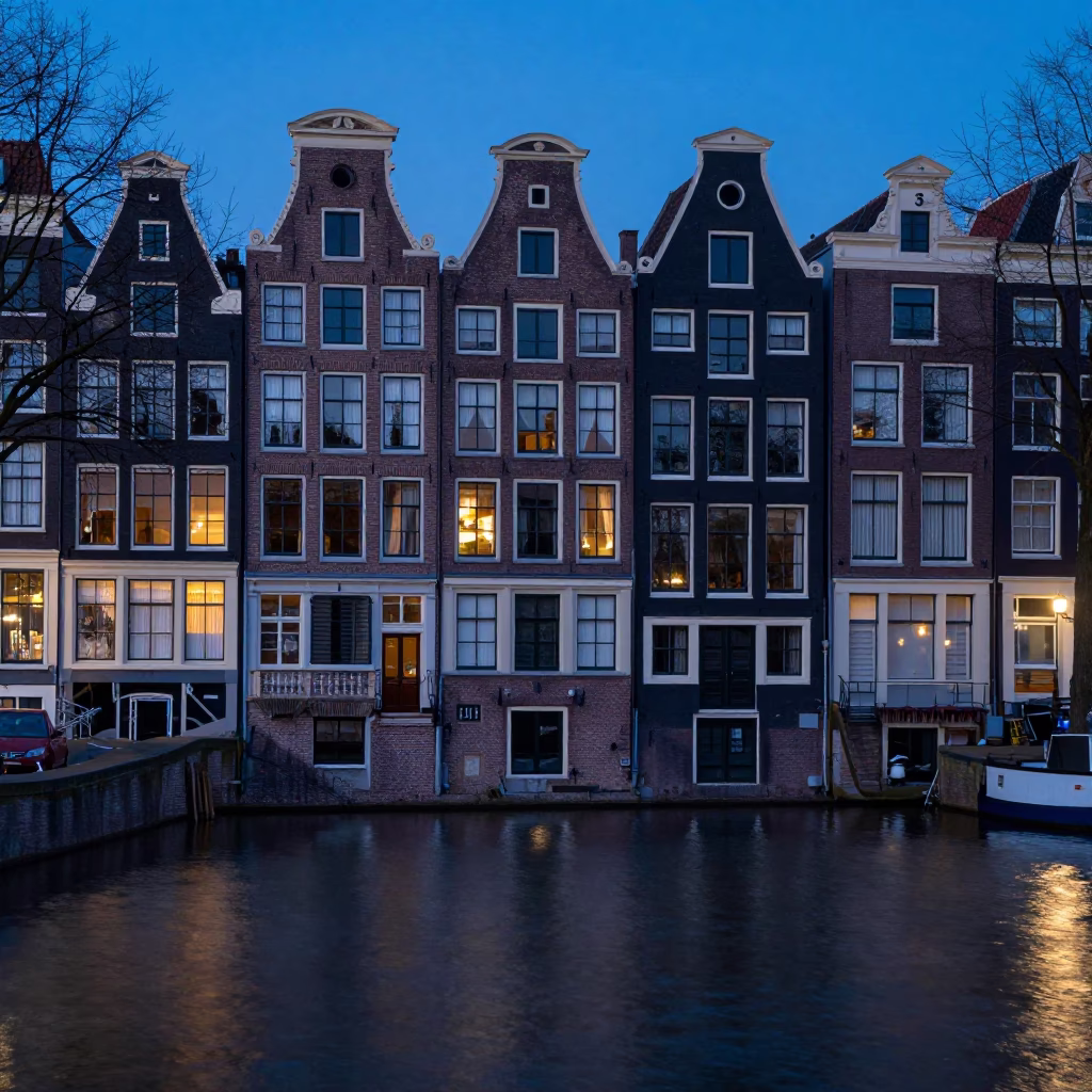 Amsterdam Evening Canal Scene with Traditional Brick Architecture and Moored Boats in in Amsterdam, Netherlands
