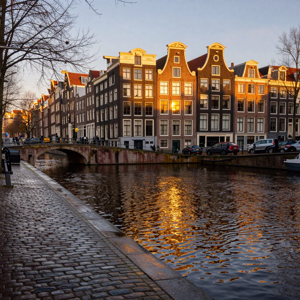 Amsterdam Evening Canal View with Wet Cobblestones and Parked Bicycles in in Amsterdam, Netherlands