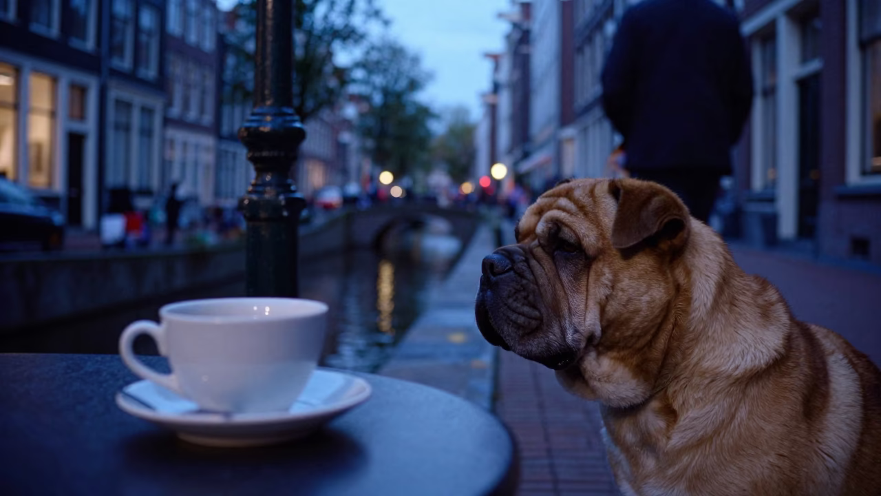 Amsterdam Evening Street Scene with Ceramic Cup and Shar-Pei in Blue Hour Light in in Amsterdam, Netherlands