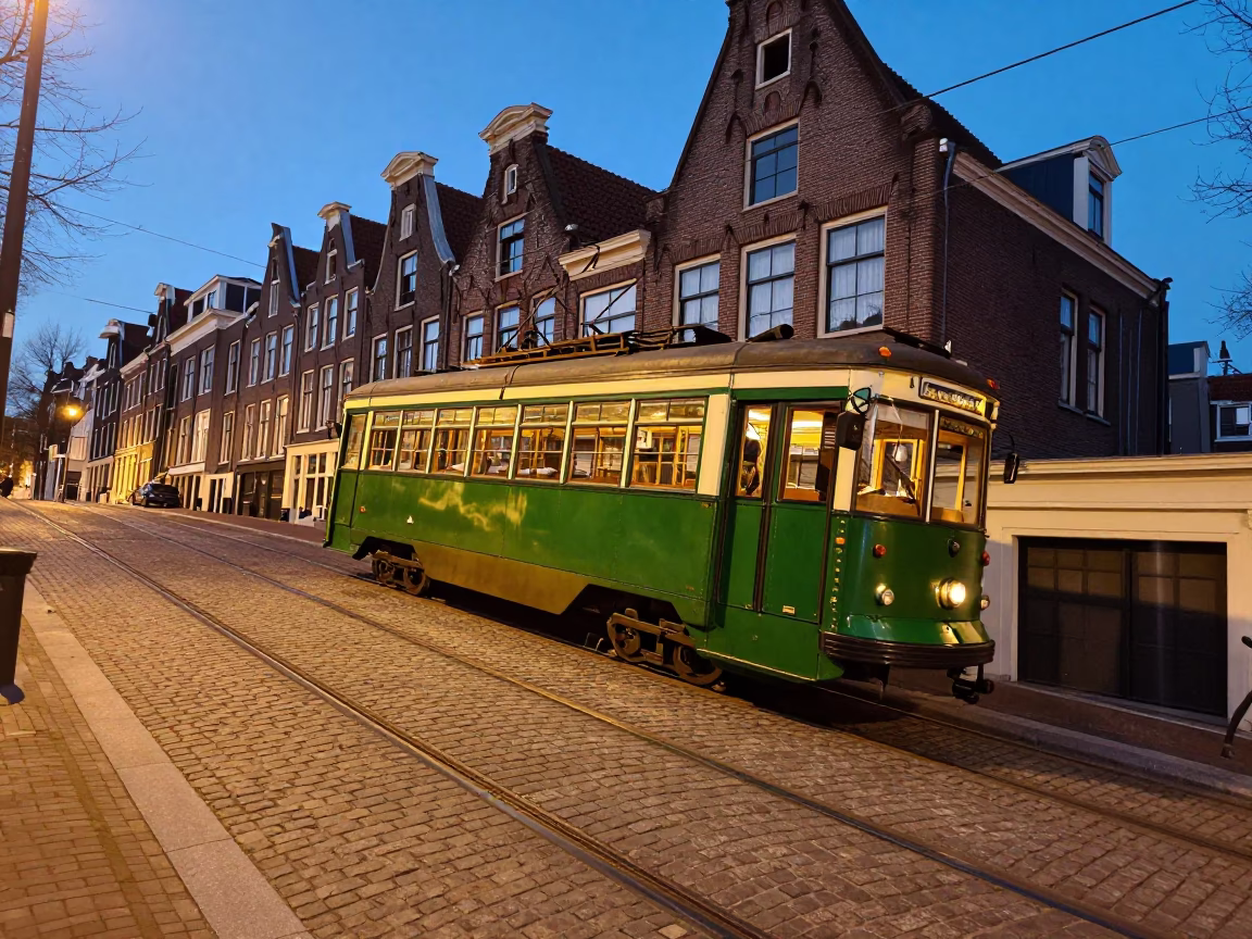 Amsterdam Evening Tram Climbing Steep Cobblestone Hill in Honeyed Light in in Amsterdam, Netherlands