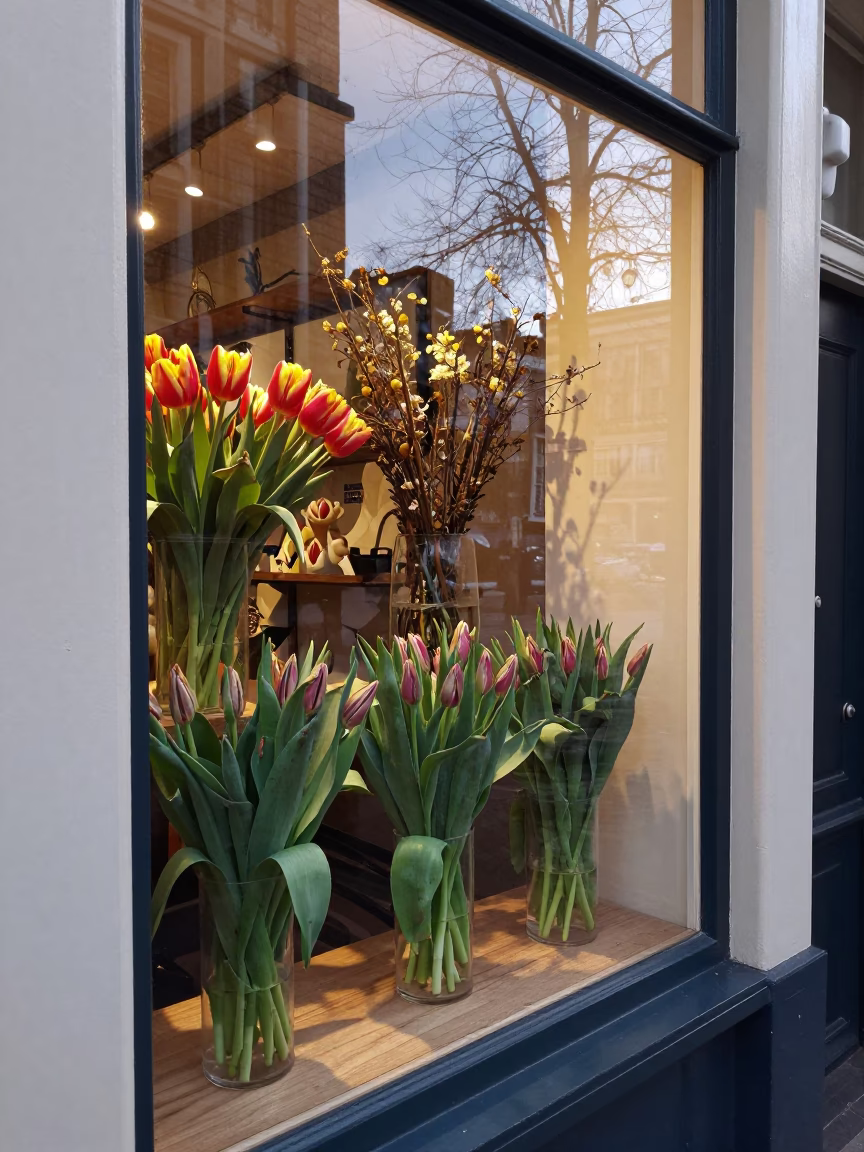Amsterdam Florist Shop Window Display Before Dawn with Tulips and Twine in in Amsterdam, Netherlands