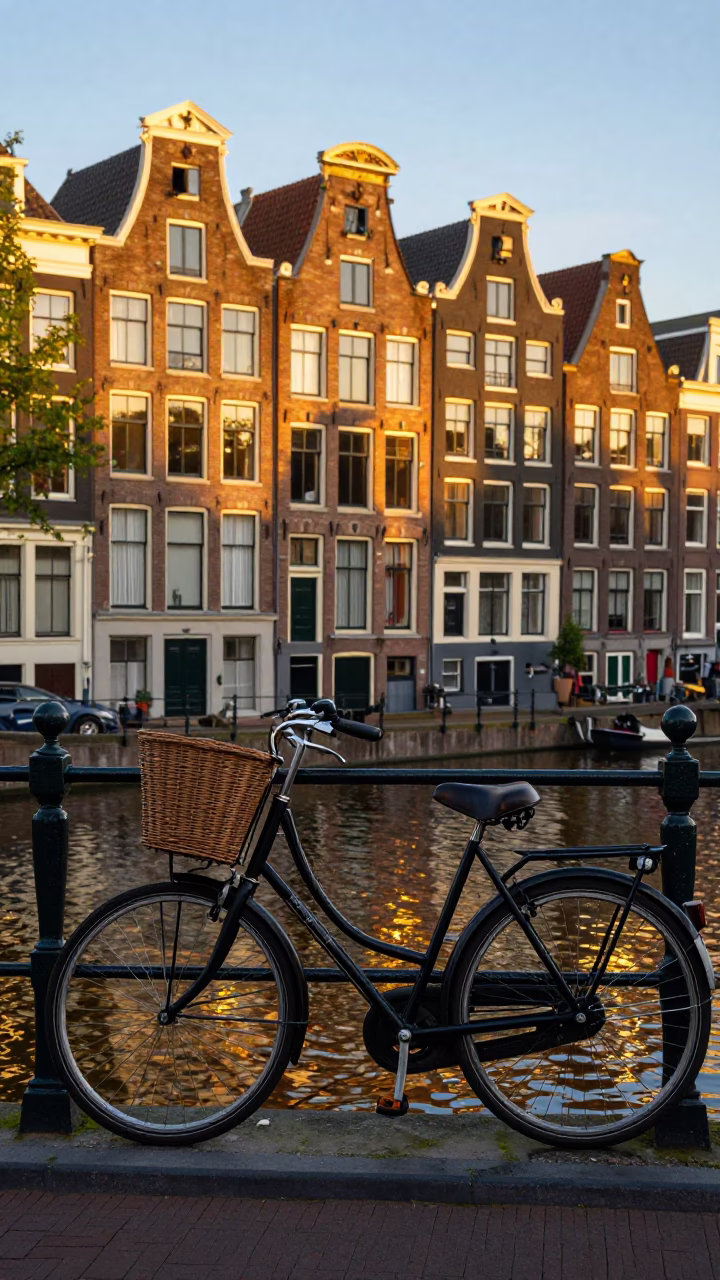 Amsterdam Golden Hour Canal Scene with Bicycle and Traditional Architecture in in Amsterdam, Netherlands