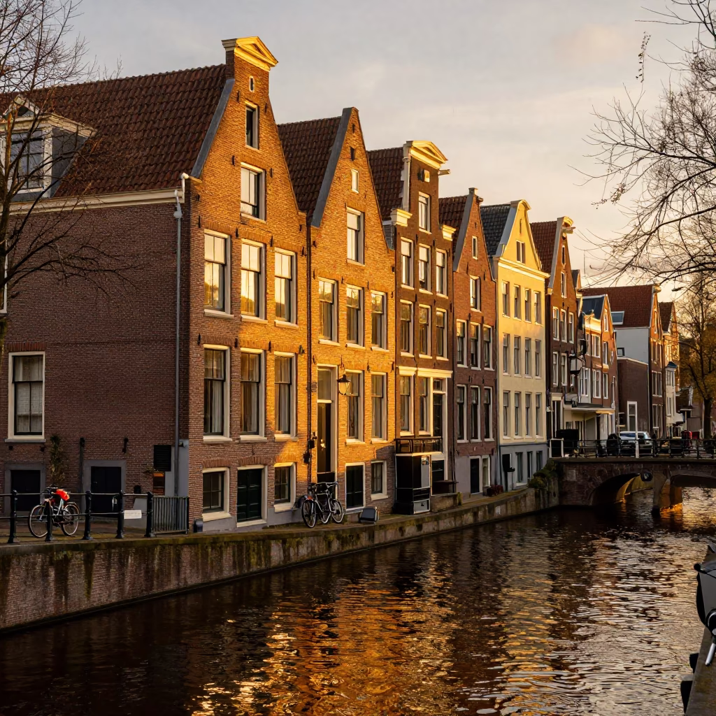 Amsterdam Golden Hour Canal Scene with Bicycle Scarf and Brick Architecture in in Amsterdam, Netherlands
