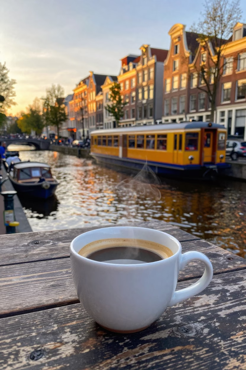 Amsterdam Golden Hour Canal Scene with Ceramic Cup and Vintage Train Clock in in Amsterdam, Netherlands
