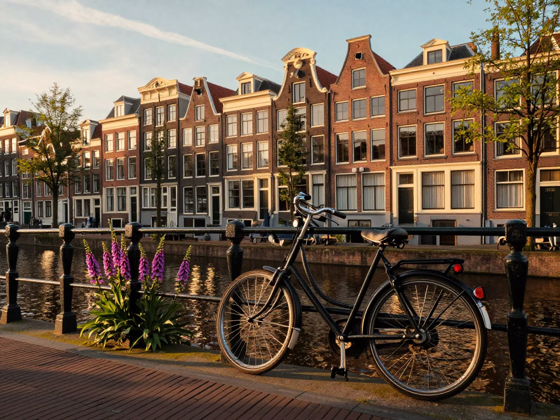 Amsterdam Golden Hour Canal View with Vintage Bicycle and Foxgloves in in Amsterdam, Netherlands