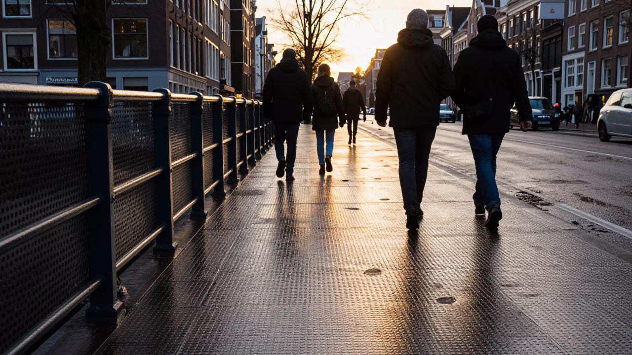 Amsterdam Golden Hour Pedestrian Overpass Wet Footsteps Perforated Metal Urban Life in in Amsterdam, Netherlands