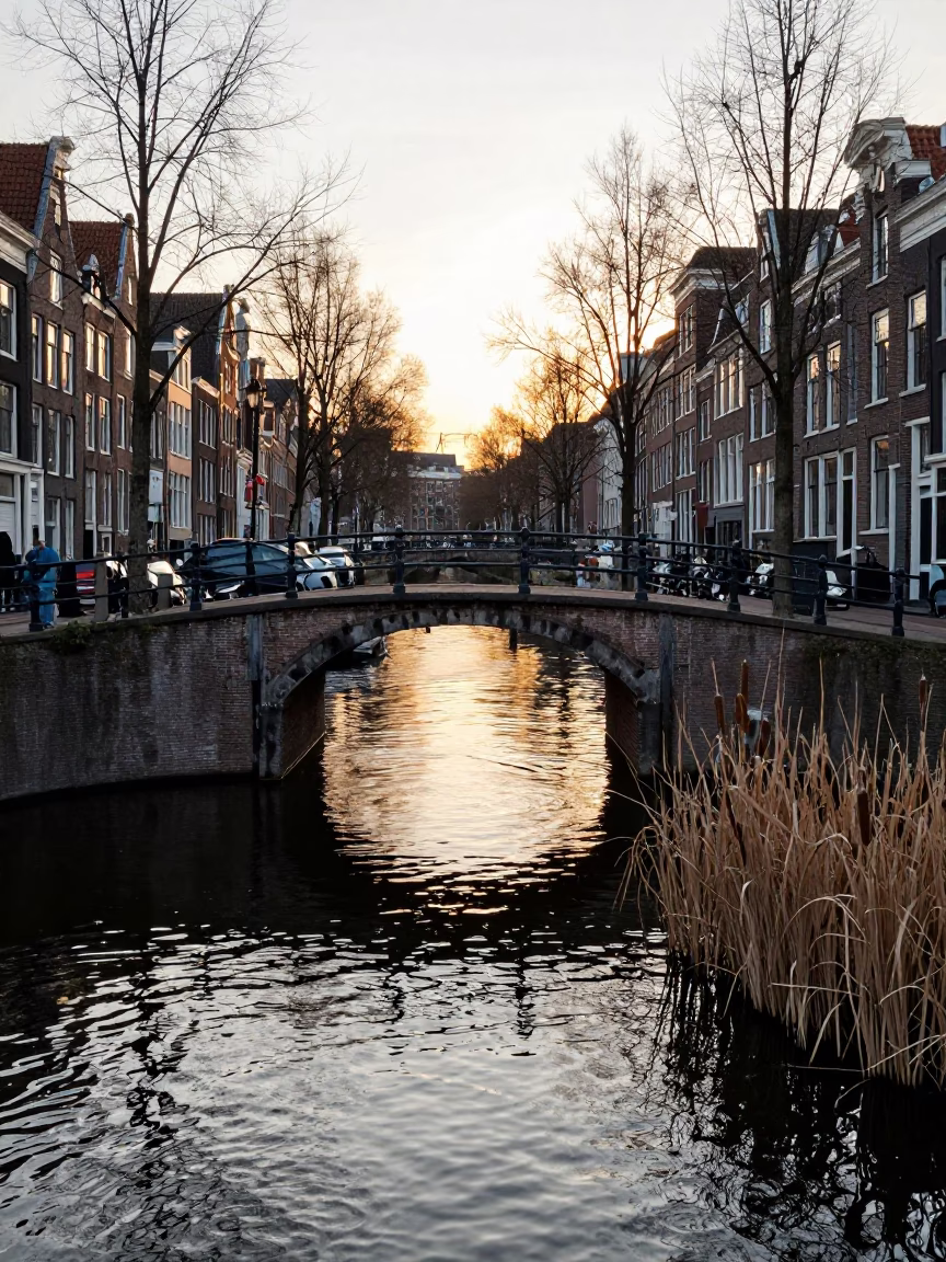 Amsterdam Golden Hour Street Photography with Vintage Reed Bed Cattails and Canal Reflections in in Amsterdam, Netherlands