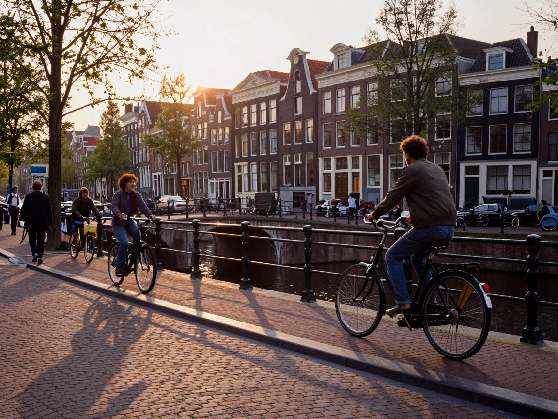 Amsterdam Golden Hour Street Scene with Bicycle and Canal Bridge in in Amsterdam, Netherlands
