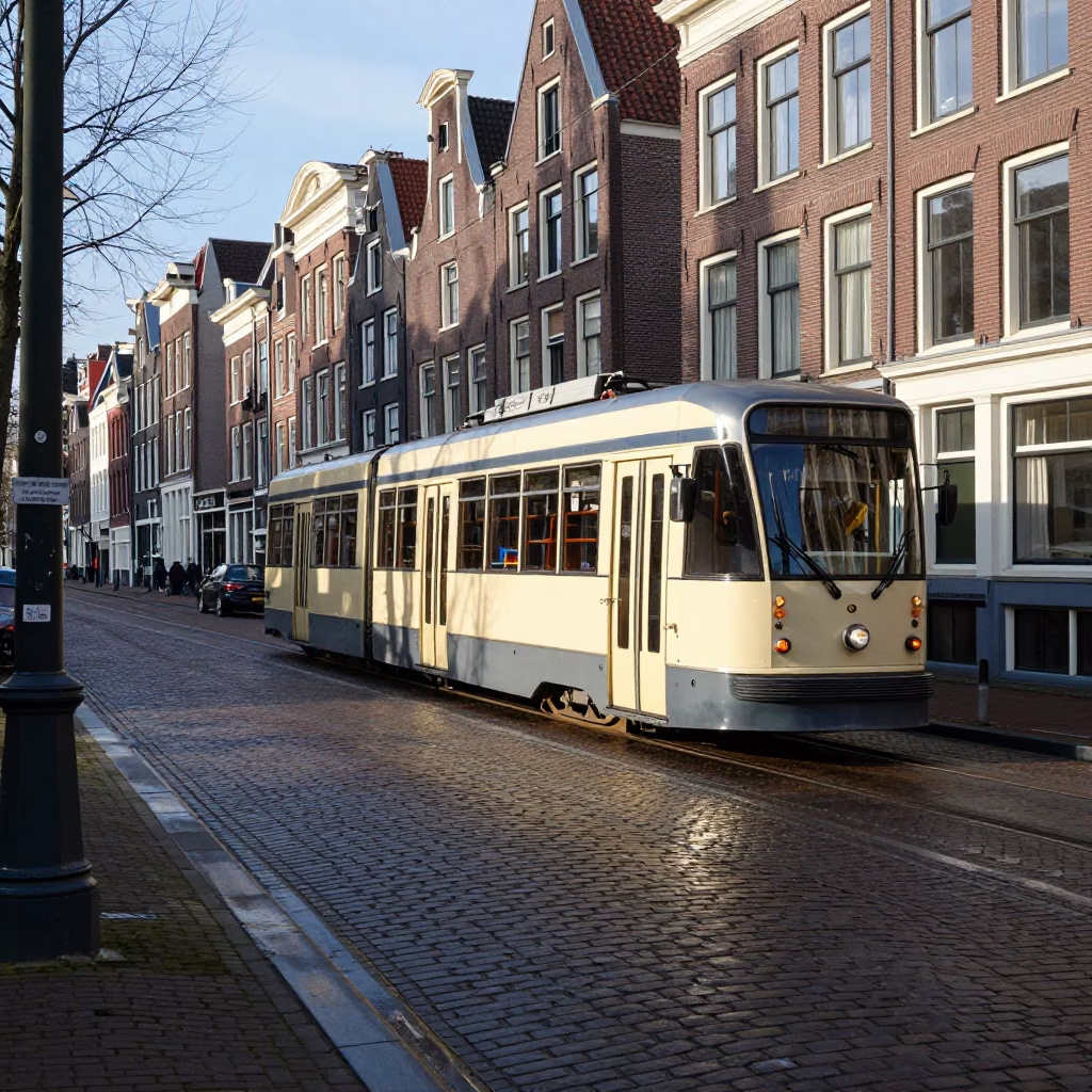 Amsterdam Heritage Tram on Cobblestone Avenue in Clear Late Afternoon Light in in Amsterdam, Netherlands