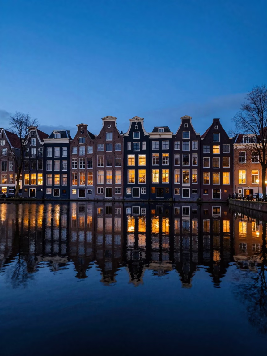 Amsterdam House Reflections at Blue Hour in in Amsterdam, Netherlands