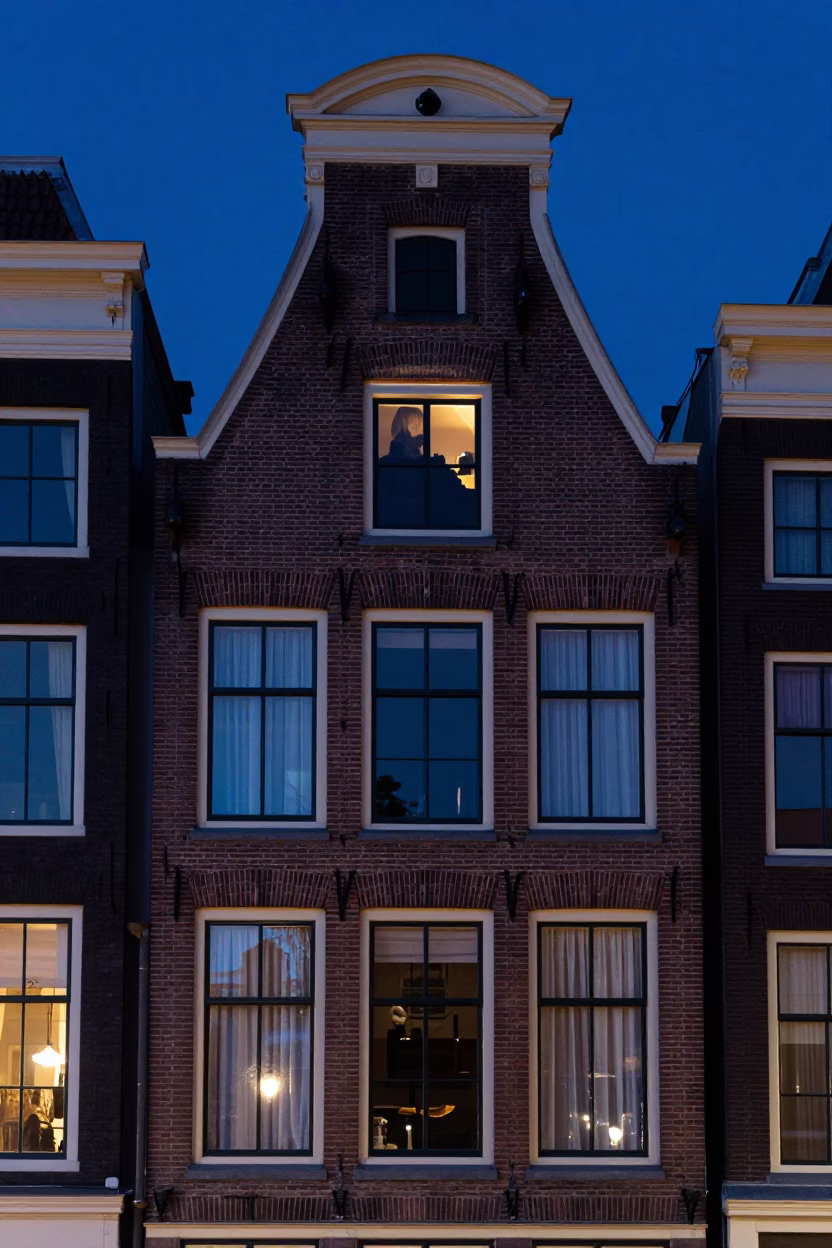 Amsterdam House Window at Midnight Light in in Amsterdam, Netherlands
