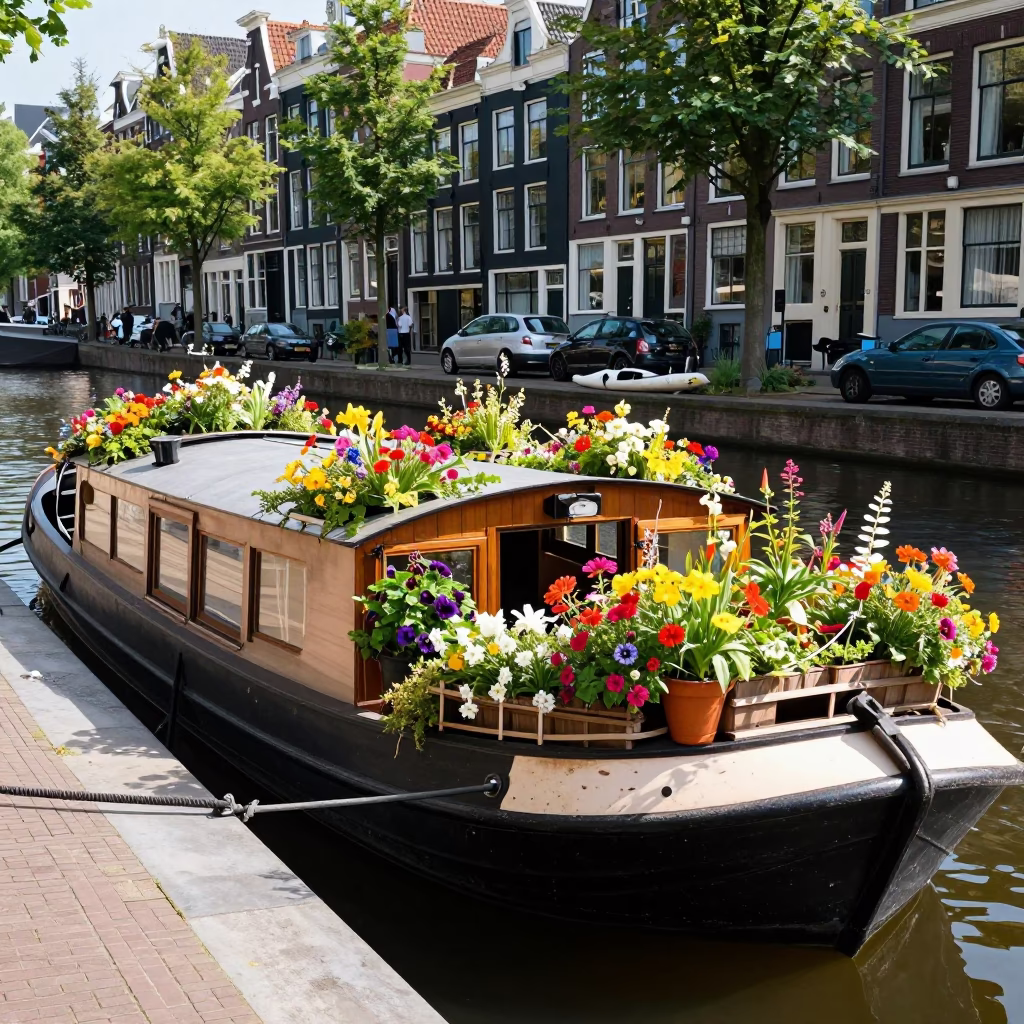 Amsterdam Houseboat Garden at Bright Midmorning Light in in Amsterdam, Netherlands