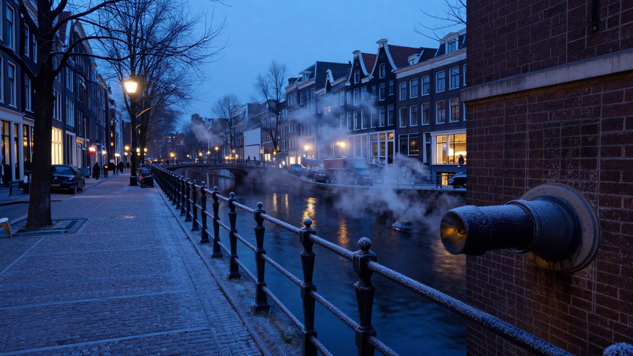 Amsterdam Indigo Twilight Canal Scene with Steam and Gelato Display in in Amsterdam, Netherlands