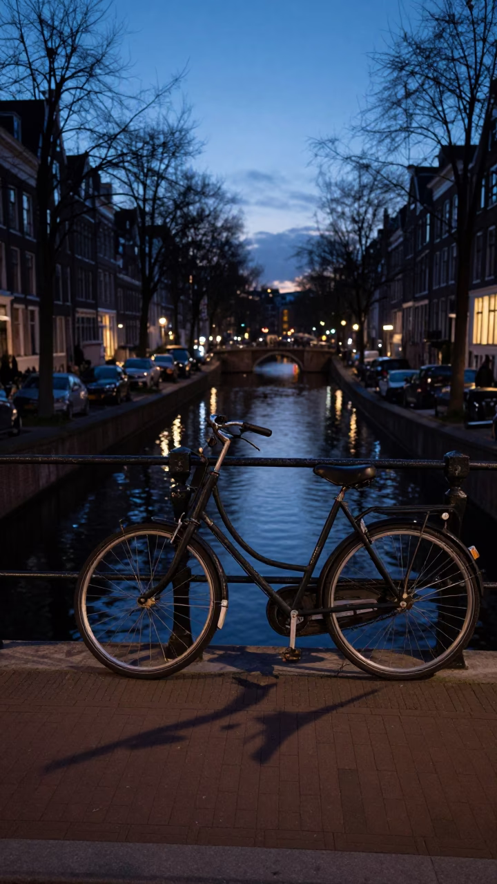 Amsterdam Indigo Twilight Canal Scene with Wicker Shadow on Tile Grout in in Amsterdam, Netherlands