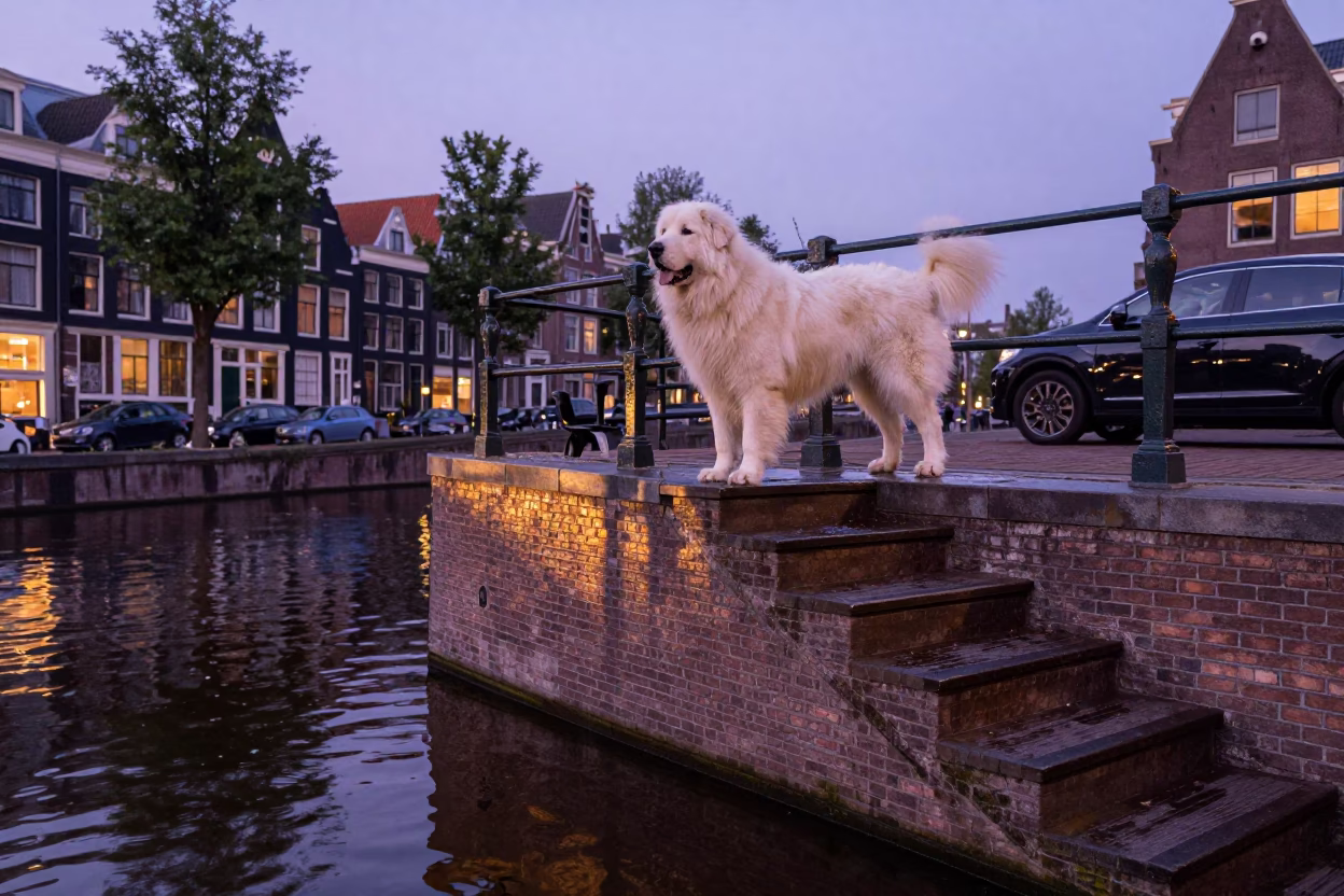 Amsterdam Kuvasz at Evening Light in in Amsterdam, Netherlands