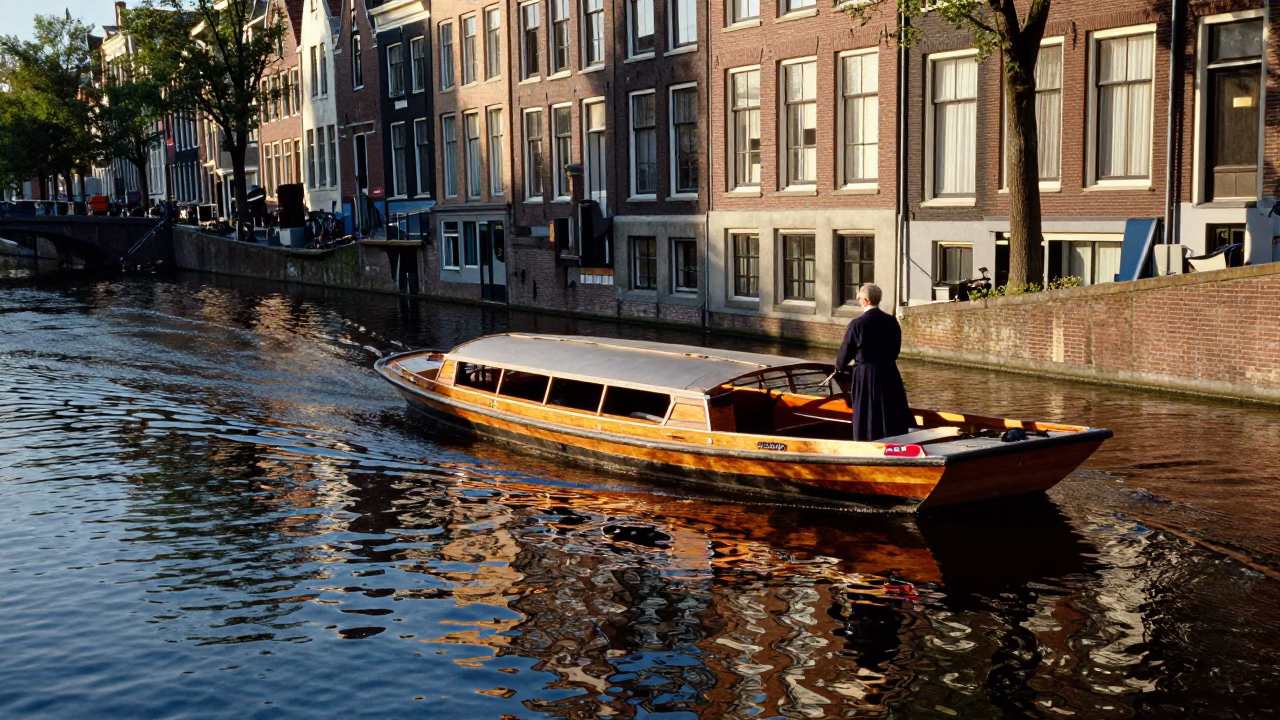 Amsterdam Late Afternoon Canal Scene with Traditional Punt Boat and Dutch Architecture in in Amsterdam, Netherlands