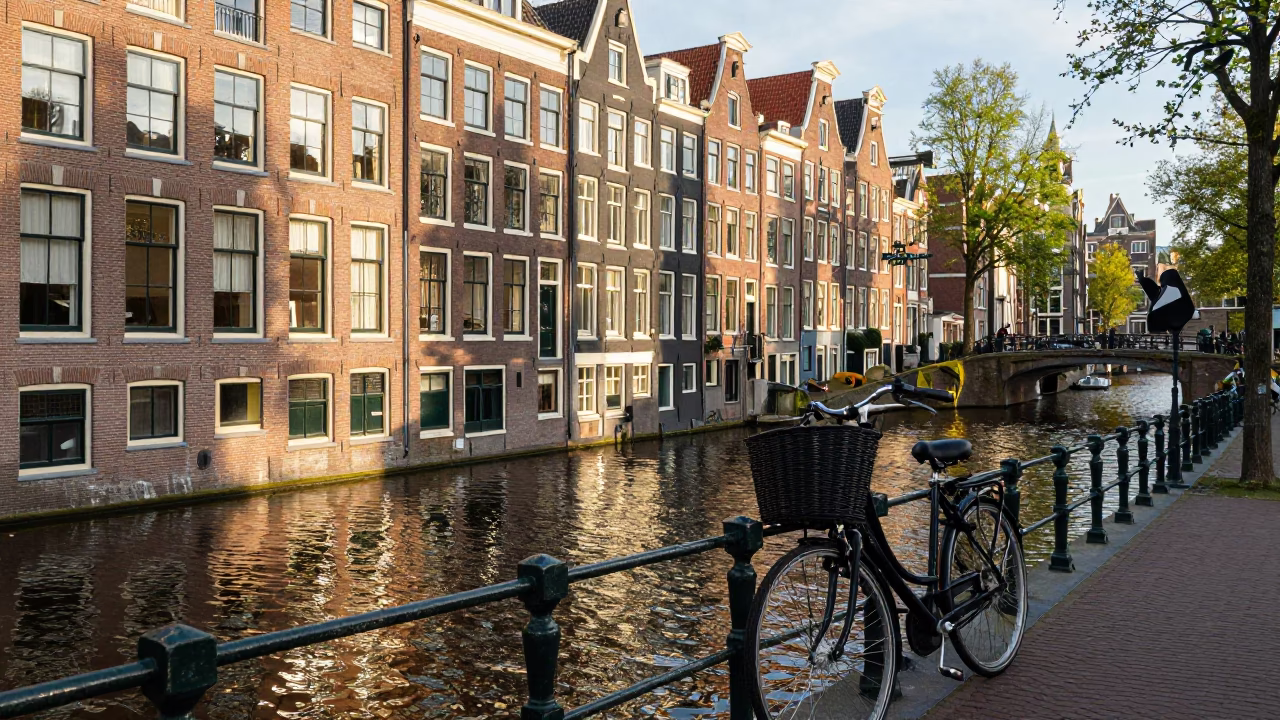 Amsterdam Late Afternoon Canal Walk with Bicycle Basket and Blue Porcelain in in Amsterdam, Netherlands