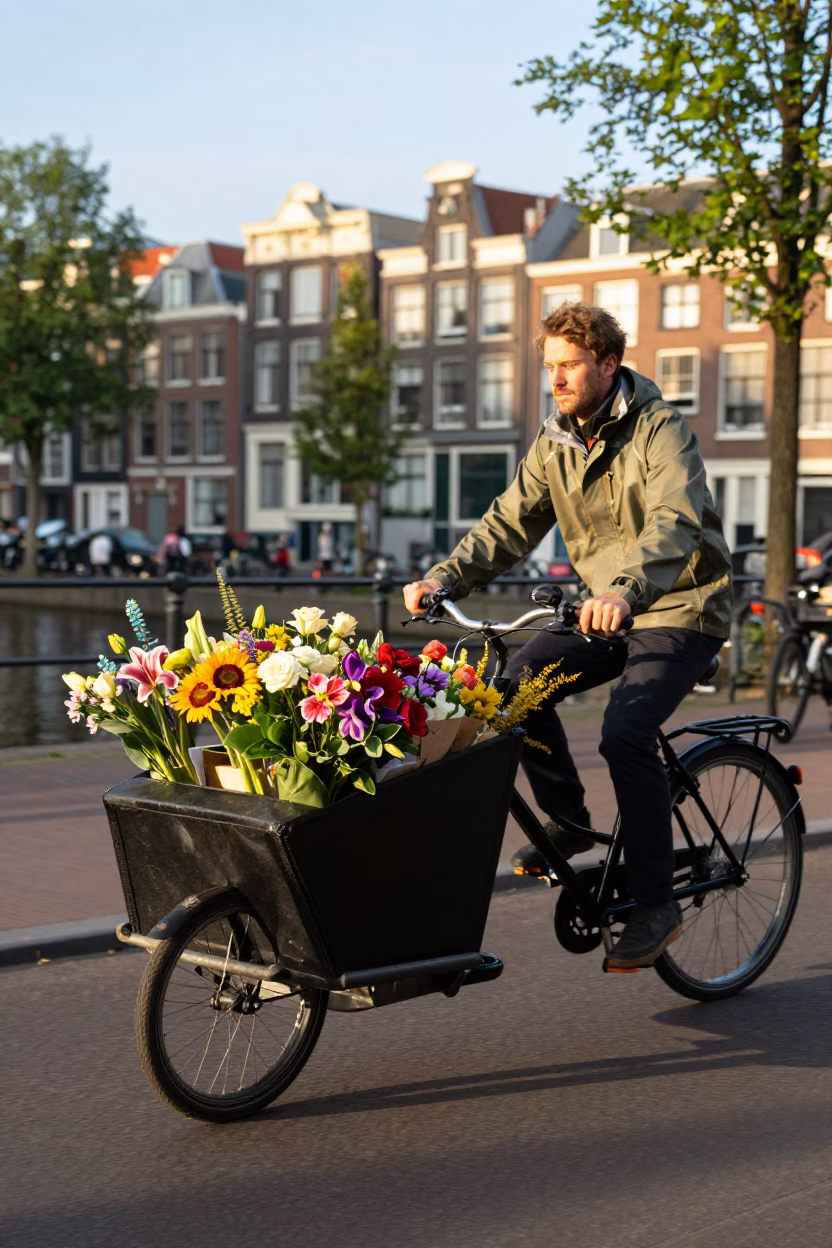 Amsterdam Late Afternoon Cargo Bicycle Loaded with Cut Flowers Canal Side in in Amsterdam, Netherlands