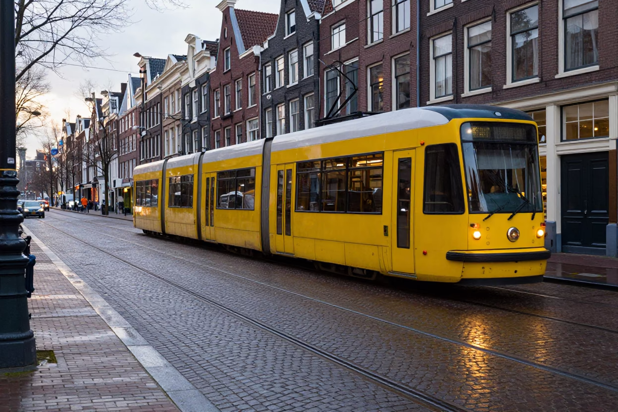 Amsterdam Late Afternoon Heritage Tram Passing Cobblestone Avenue Near Substation Fence in in Amsterdam, Netherlands