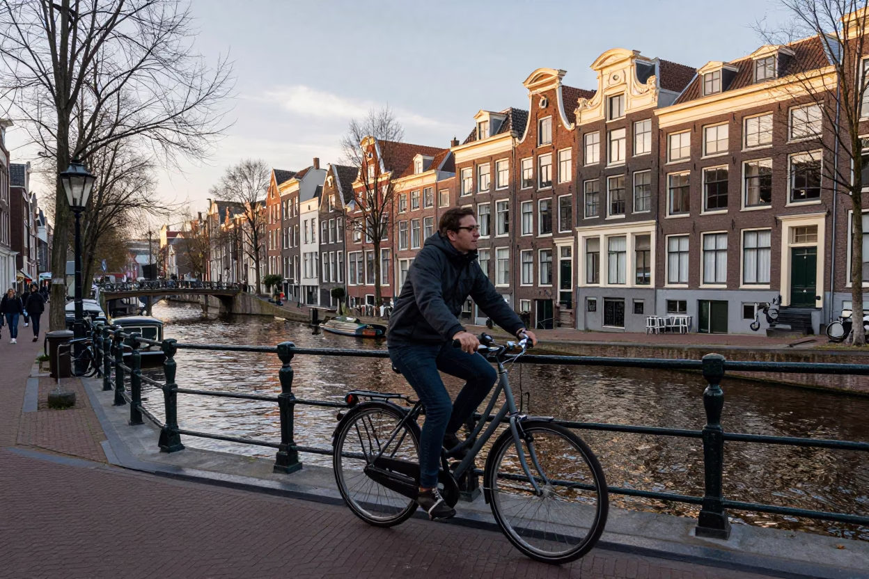 Amsterdam late afternoon street scene with cyclist and canal bridge in in Amsterdam, Netherlands