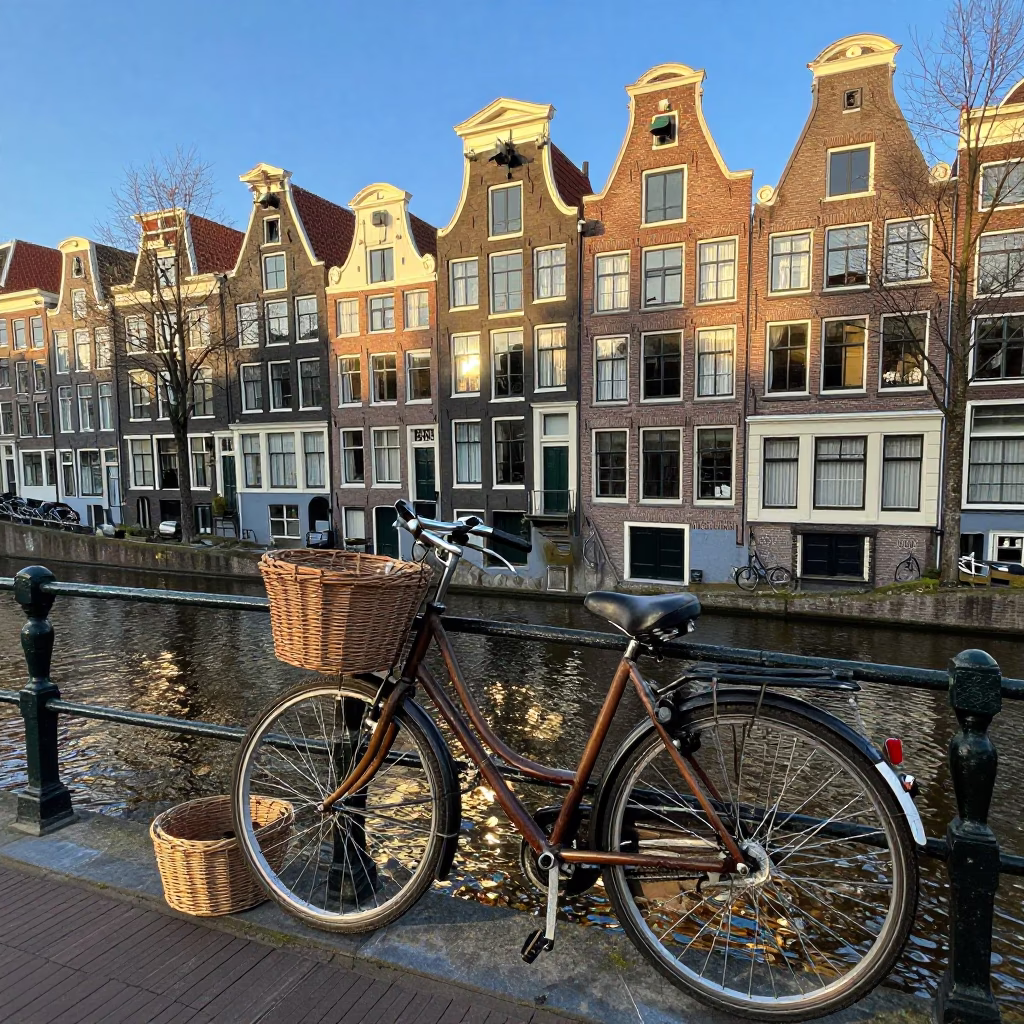 Amsterdam Late Morning Canal Scene With Basket And Window Details in in Amsterdam, Netherlands