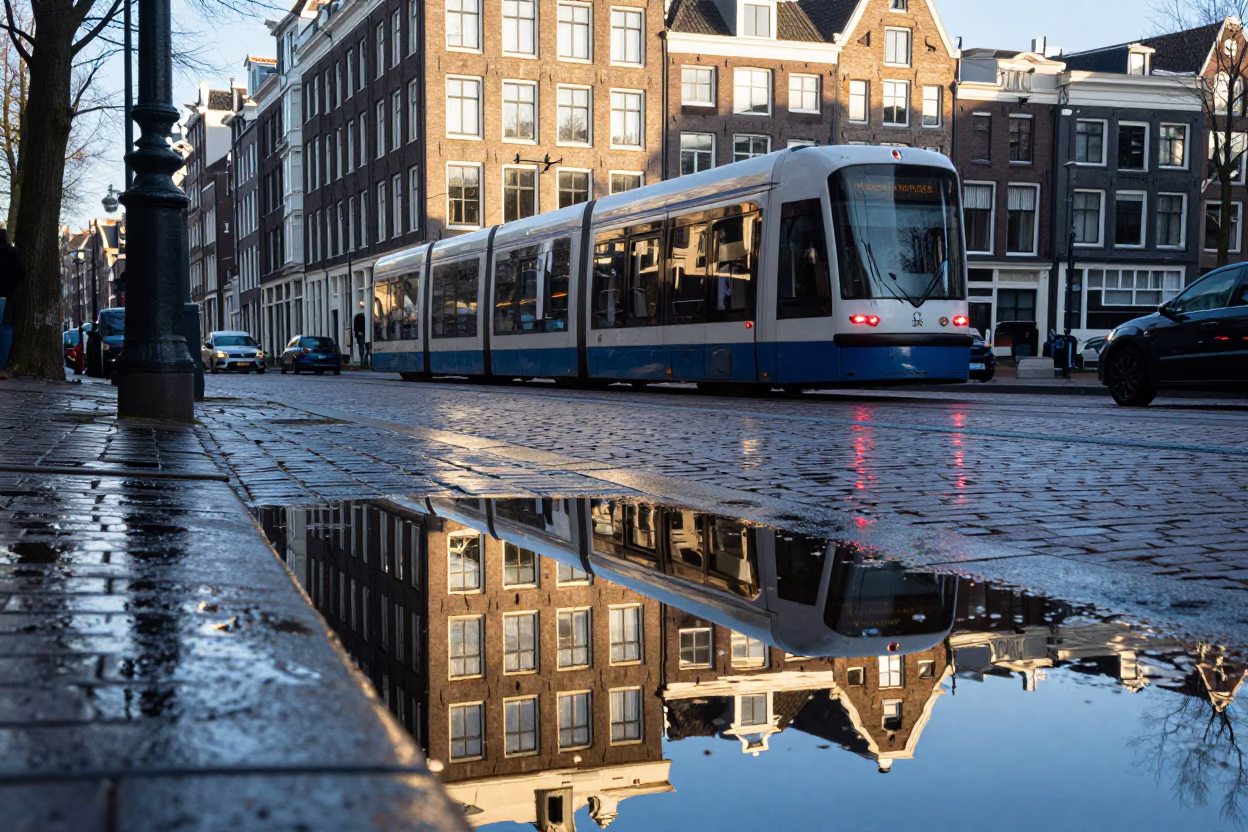 Amsterdam Late Morning Canal Scene with Puddle Reflections of Hotel Windows and Tail Lights in in Amsterdam, Netherlands