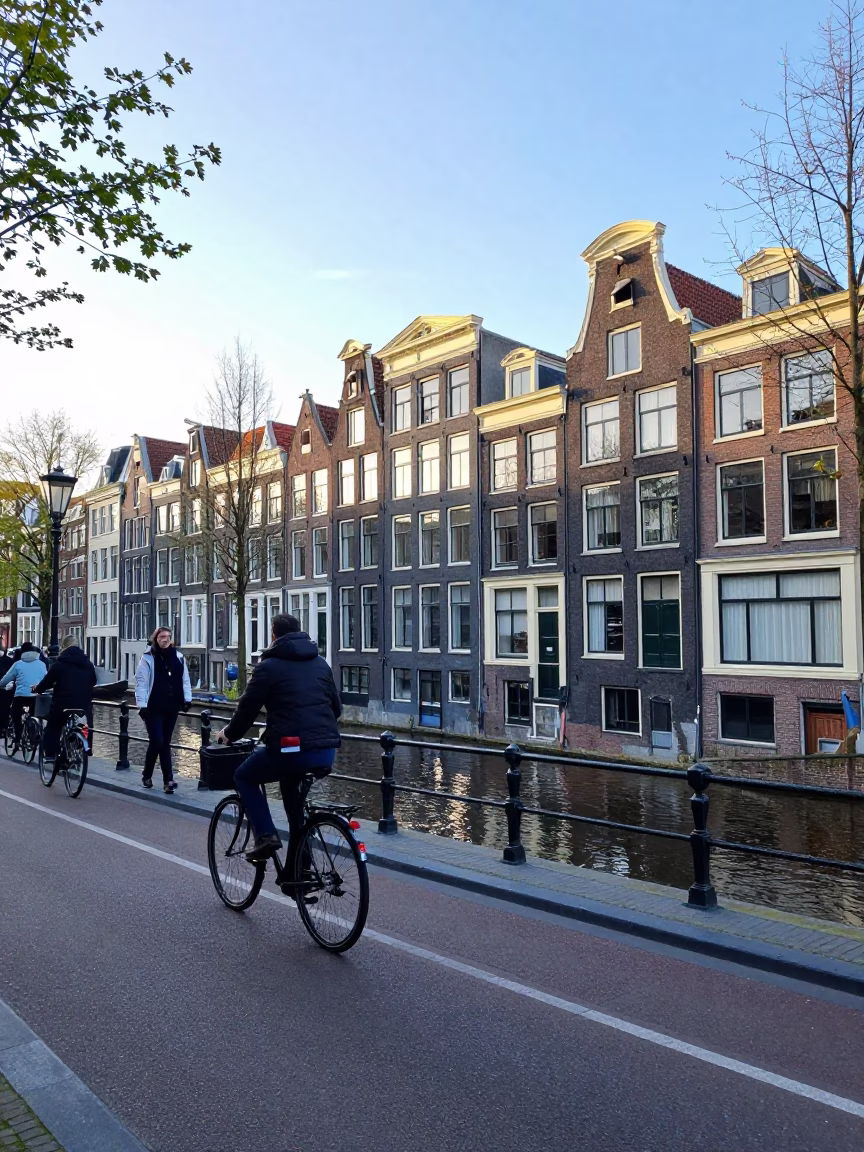 Amsterdam late morning street scene with bicycle and canal architecture in in Amsterdam, Netherlands