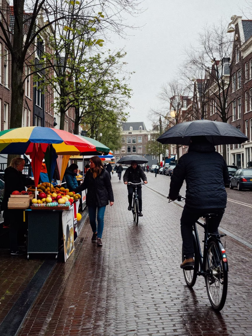 Amsterdam Late Morning Street Scene with Cyclist and Umbrella Stall in in Amsterdam, Netherlands